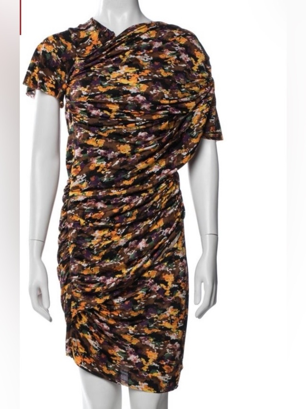 Floral Camouflage Ruched Mini Dress in Mustard and Purple draped details